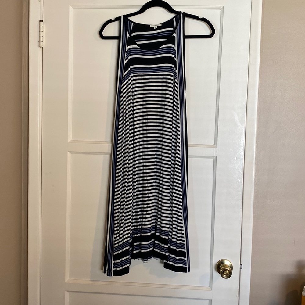 Black blue and white striped sleeveless dress